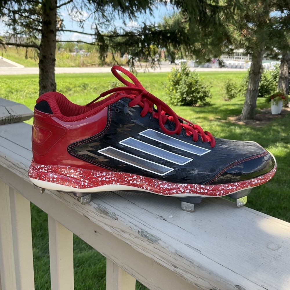 Adidas PowerAlley 2 Low Metal Baseball Cleats Red Speckled Black Stripe Size 11